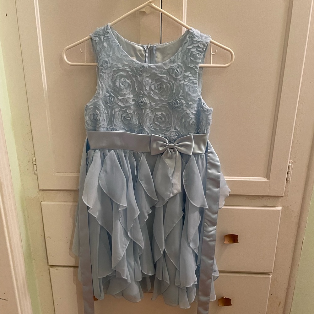 Blue Sleeveless Dress With Ruffle Skirt And Decorative Bodice W/ Ribbon Belt
